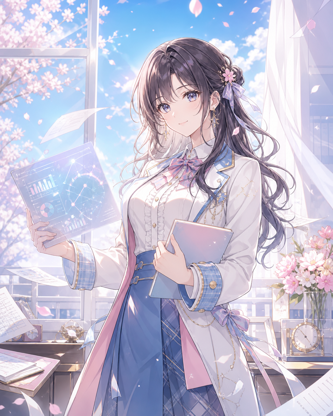 手持金融图表与笔记本的原创日系人物插画
